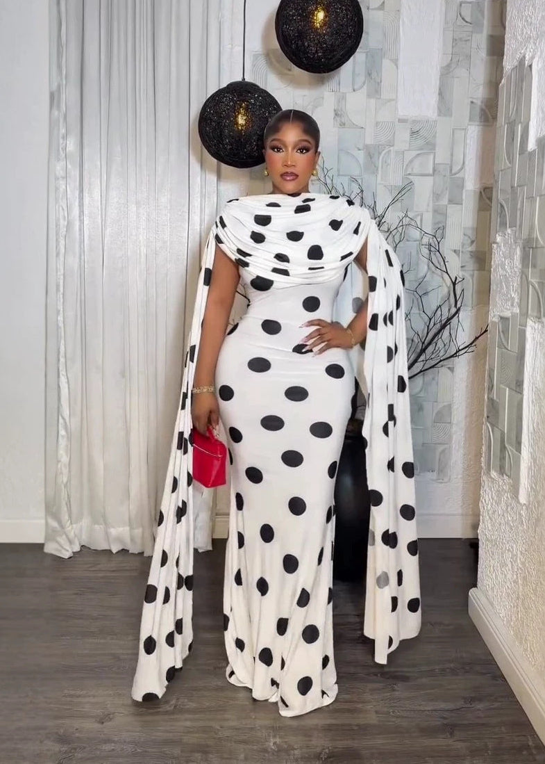 Elegant Polka-Dot Print Evening Dress