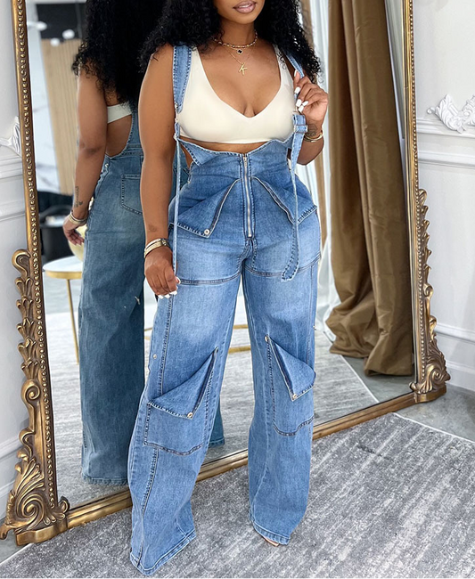 Summer street casual zip-up washed jumpsuit