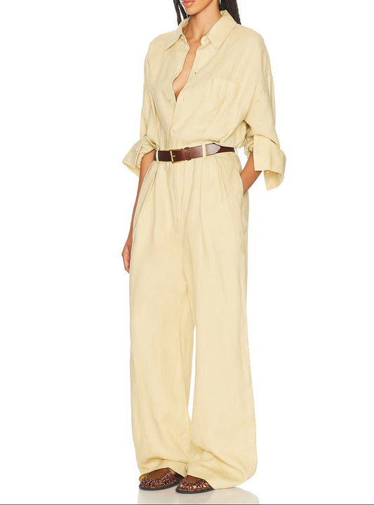 Linen Blend Wide Leg Shirt Jumpsuit