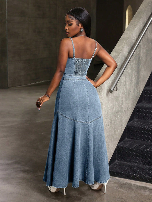 Vintage Wash Denim Corset Button-Front Maxi Dress