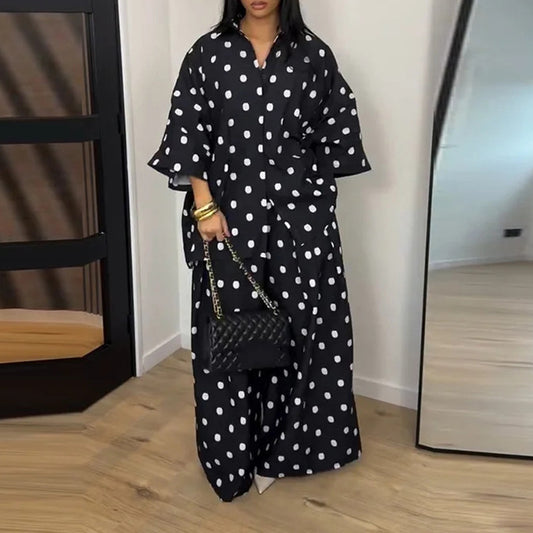 Stylish Casual Polka-Dot Shirt And Wide-Leg Pants Set