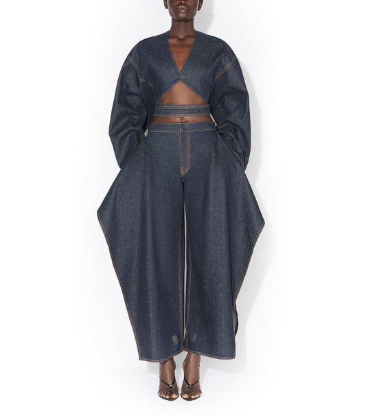 Denim Cropped Wrap Tie Long‑Sleeve Top