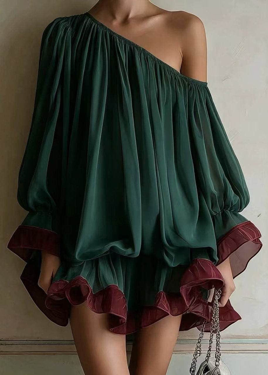 One-shoulder Color-block Chiffon Mini Dress