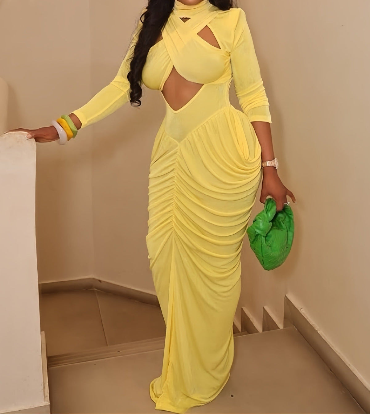 High Neck Cross Cutout Ruched Maxi Dress