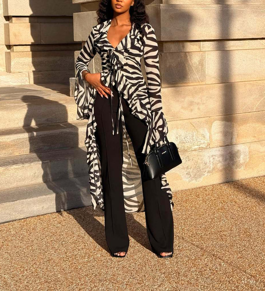 Zebra Print Ruffle High‑Low Kimono Top