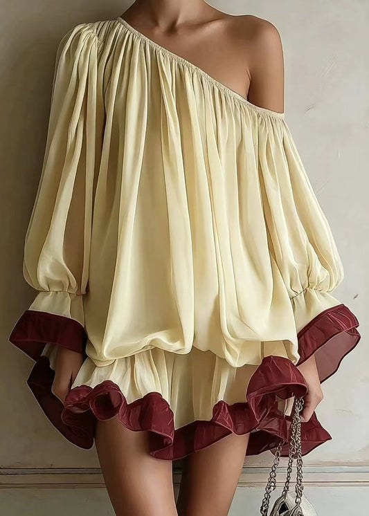 One-shoulder Color-block Chiffon Mini Dress