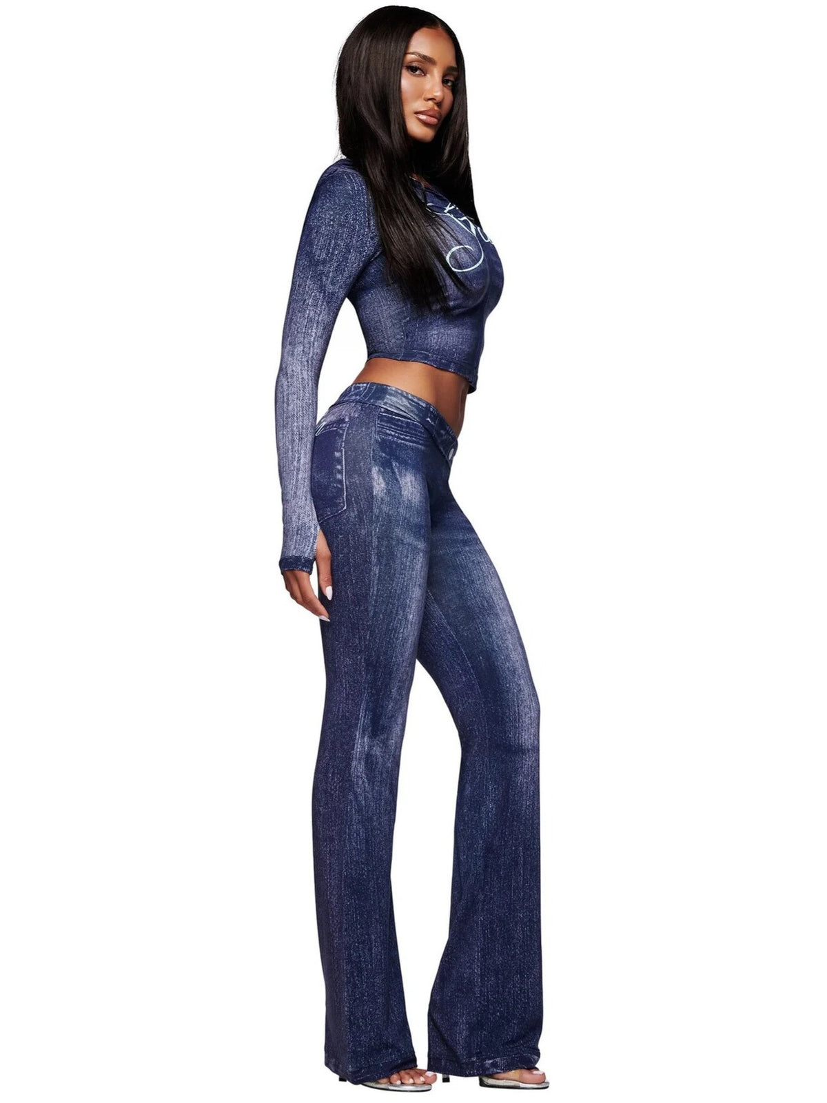 Faux Denim Print Sexy Open Neck Two-piece Set