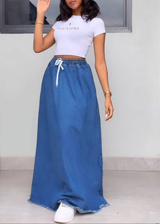 Drawstring Elastic Waist Frayed Hem Denim Maxi Skirt