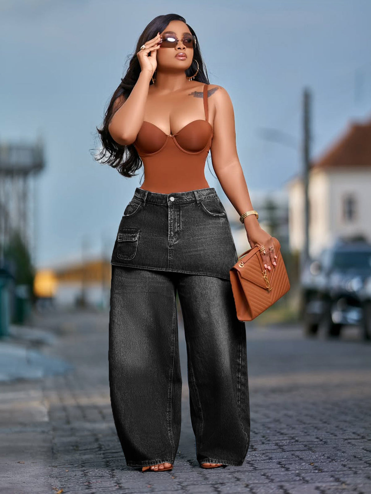 American Retro "Faux-Layered" Wide-Leg Jeans