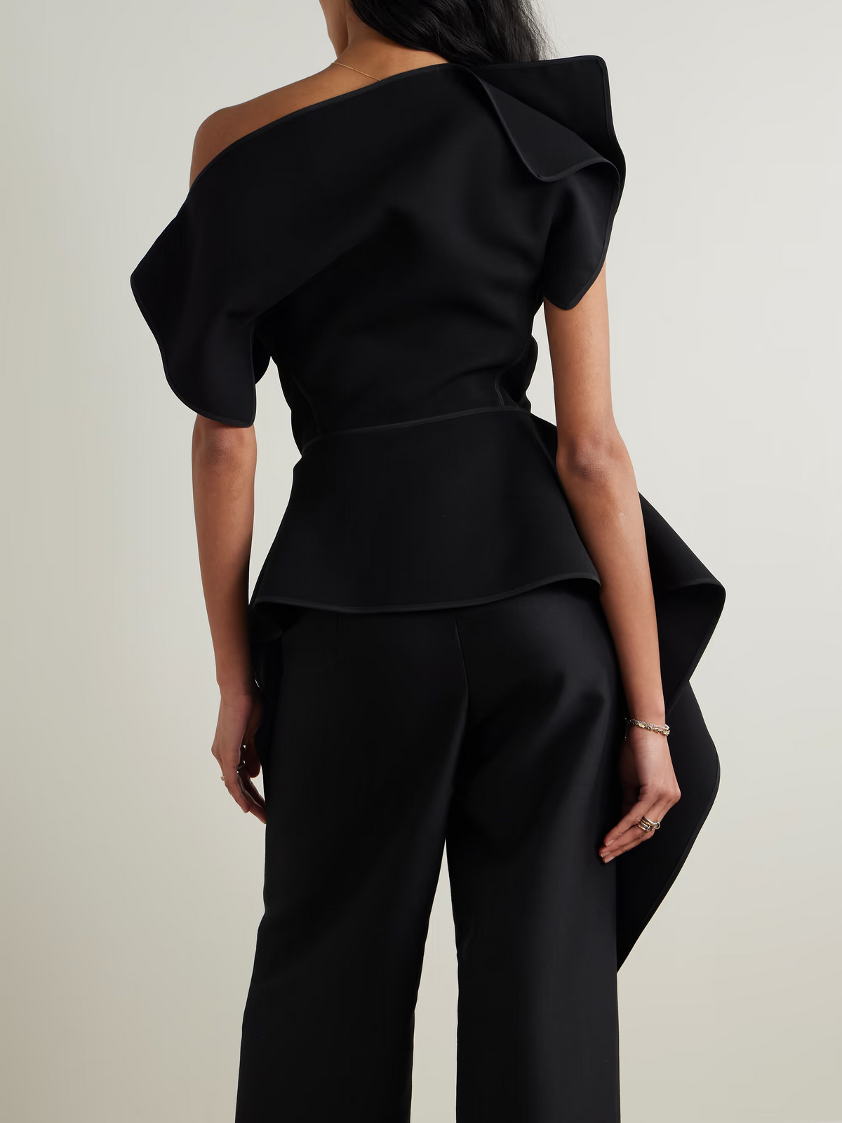 Black Off‑Shoulder Draped Asymmetrical Peplum Top