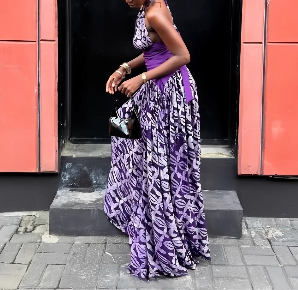 Halter Mixed Print Flowy Maxi Dress