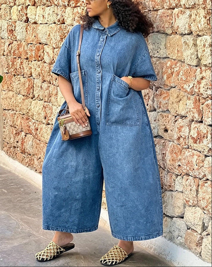 Single-breasted Loose-fit Denim Jumpsuit