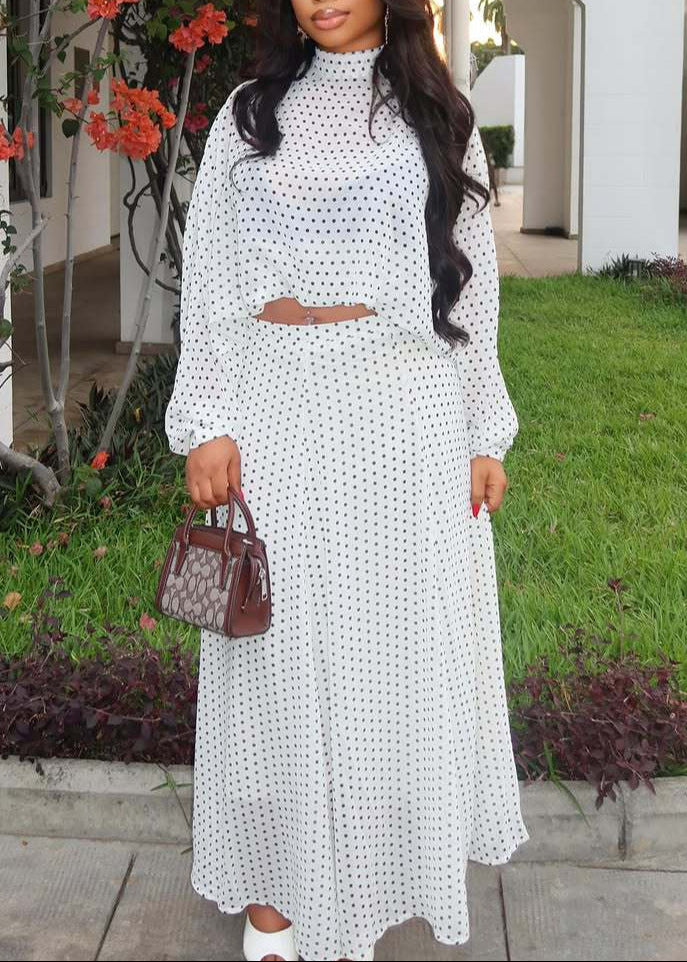 Long-sleeved Polka Dot Maxi Dress Two-piece Set
