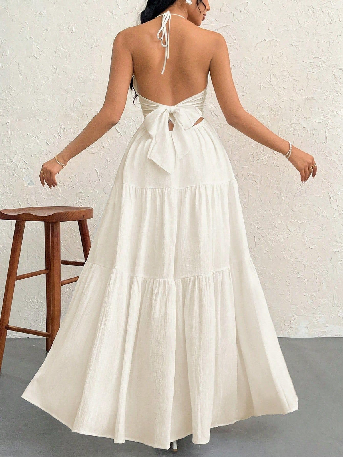 Halter Backless Bow Tiered Flowy Maxi Dress