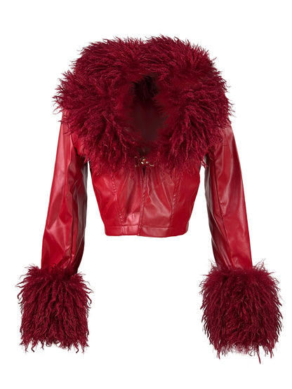 Cropped Leather Jacket With A Plush Collar