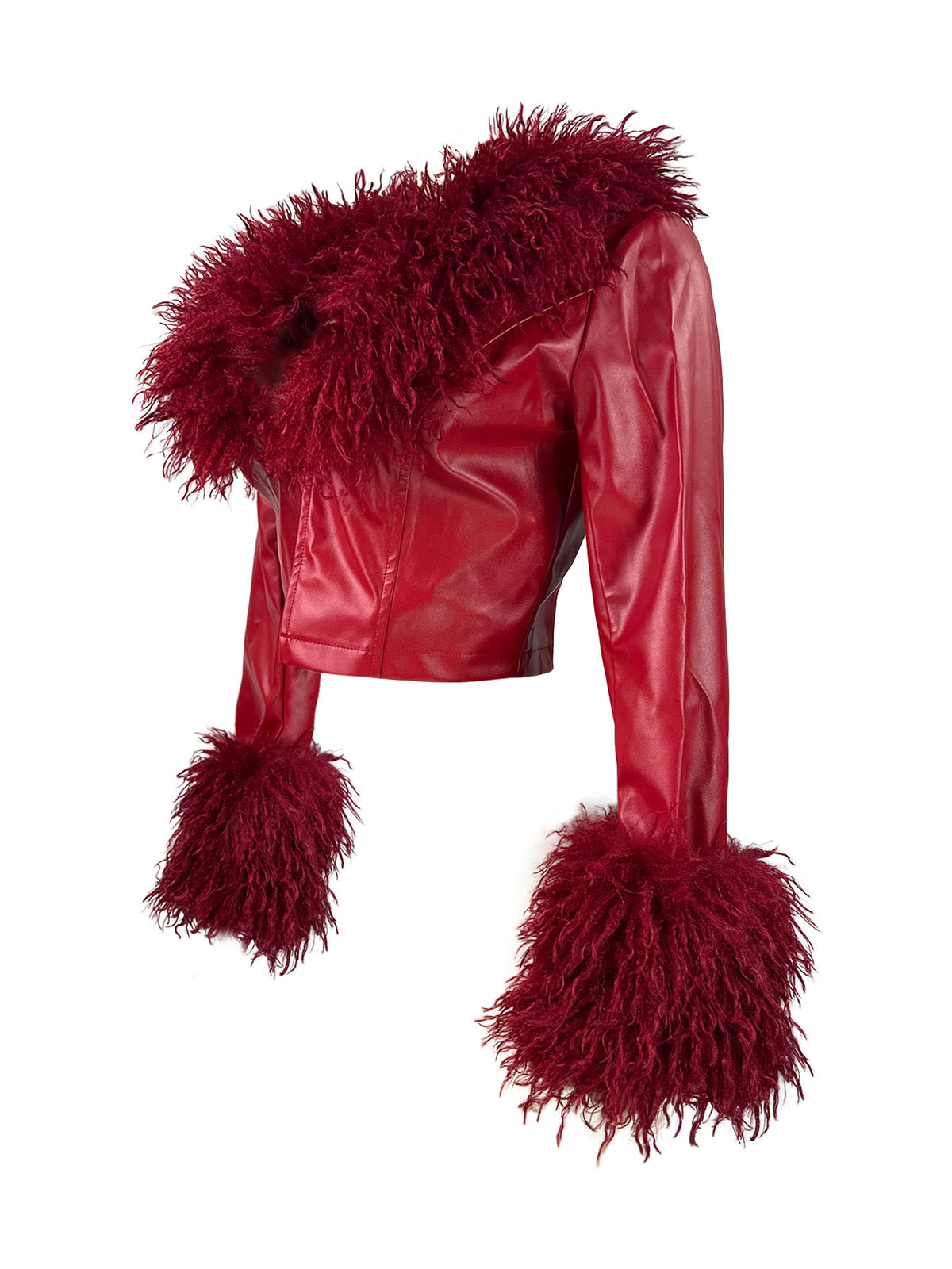 Cropped Leather Jacket With A Plush Collar