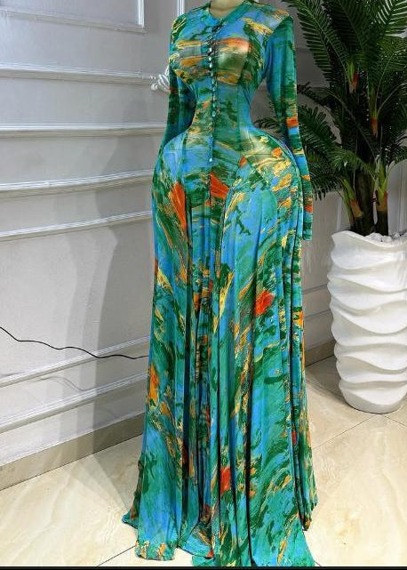 Elegant Printed Single-Breasted Maxi Dress