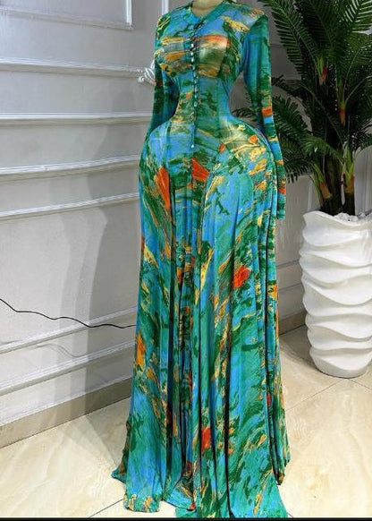 Elegant Printed Single-Breasted Maxi Dress