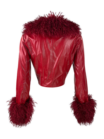 Cropped Leather Jacket With A Plush Collar