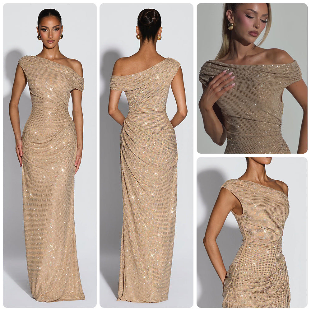 Fully Rhinestone Off-shoulder Long Fishtail Dress