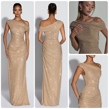 Fully Rhinestone Off-shoulder Long Fishtail Dress