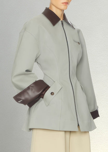 Collared Patchwork Dark Brown Leather Zip-up Jacket