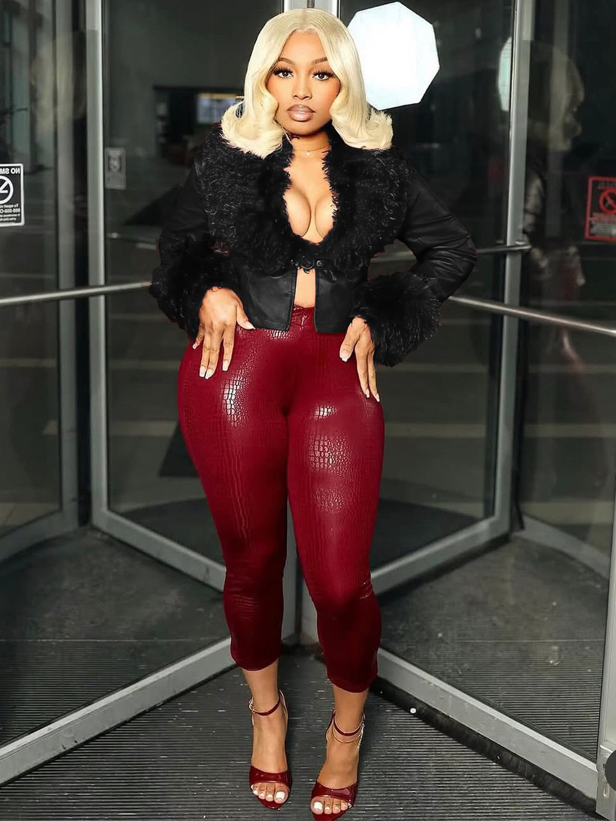 Cropped Leather Jacket With A Plush Collar