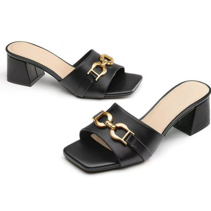 Square-toe Mid-heel Metal Buckle Sandals