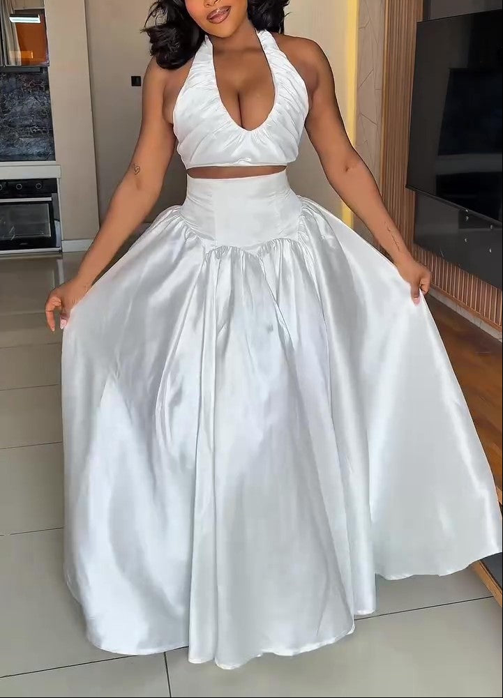 Satin Halter Cutout Waist Maxi Dress
