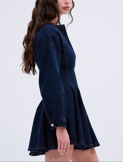 Denim Mini Dress with Deep V Collar