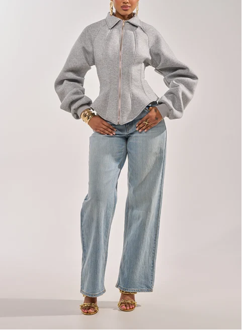 Corset Zip‑Up Collared Sweatshirt Jacket