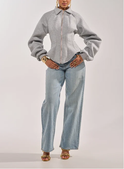Corset Zip‑Up Collared Sweatshirt Jacket