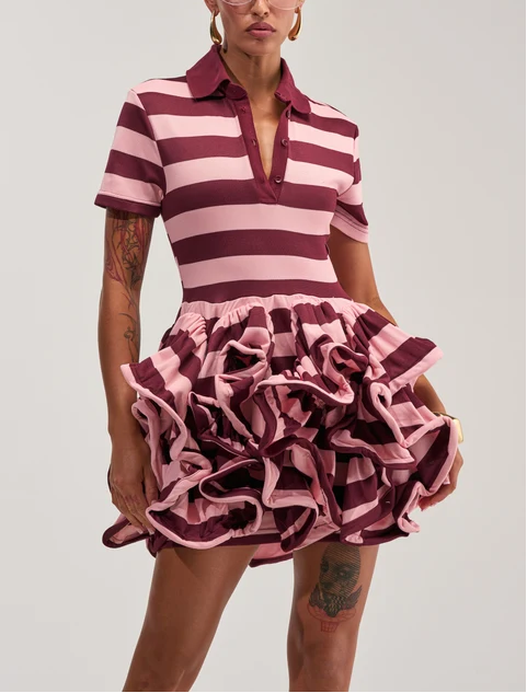 Striped Polo 3D Ruffle Mini Dress