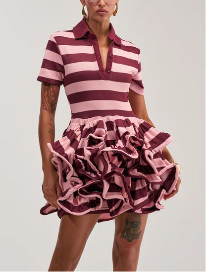 Striped Polo 3D Ruffle Mini Dress