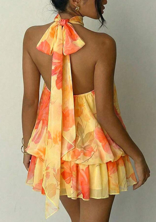 Floral Halter Backless Tiered Chiffon Mini Dress
