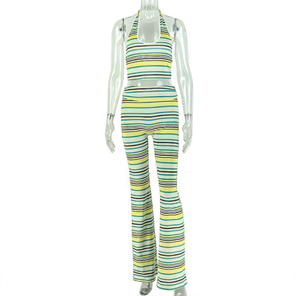 Striped Halter Crop Top Flare Pants Matching Two‑Piece Set