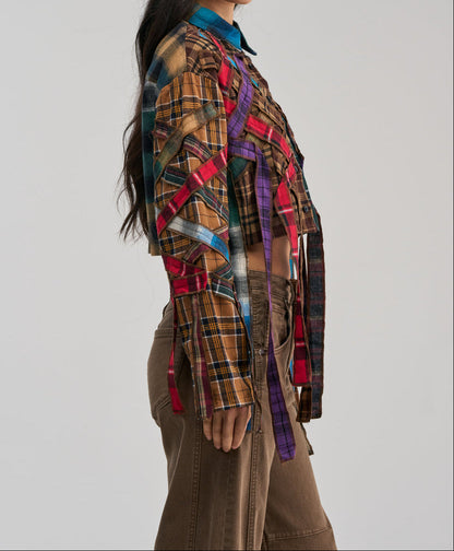Patchwork Plaid Fringe Ribbon Cropped Button‑Down Shirt