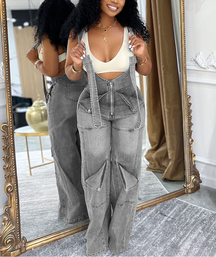 Summer street casual zip-up washed jumpsuit