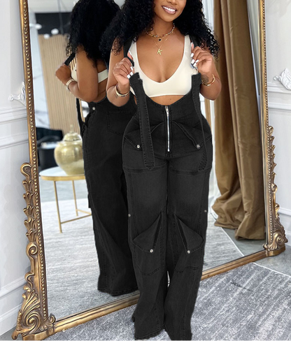 Summer street casual zip-up washed jumpsuit
