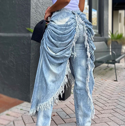 Fashionable pleated frayed straight leg pants