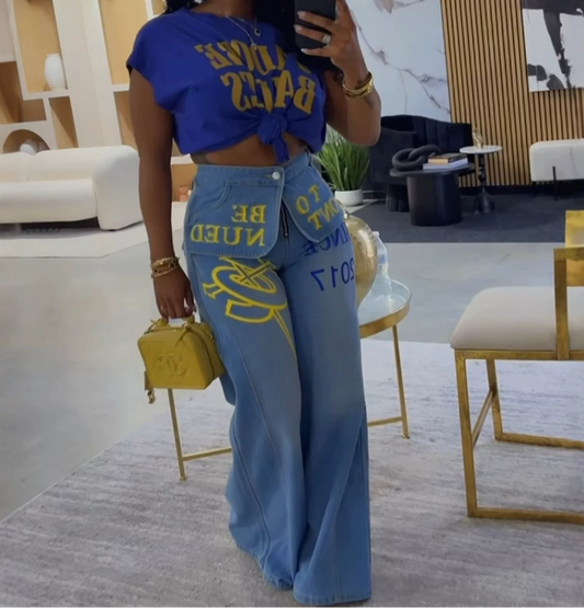 Layered letter-painted wide-leg straight-leg trousers