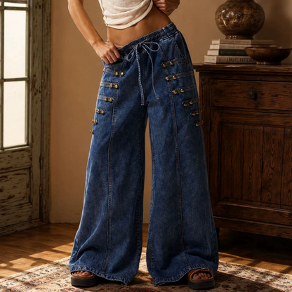 Washable metal buckle design drawstring elastic waist pants
