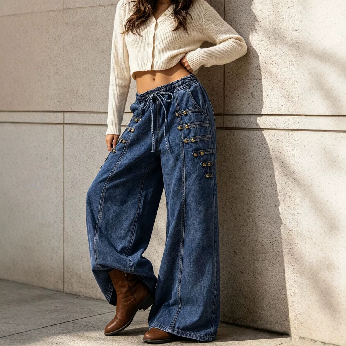 Washable metal buckle design drawstring elastic waist pants