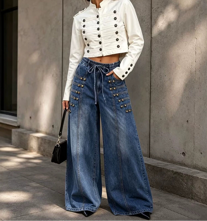 Washable metal buckle design drawstring elastic waist pants