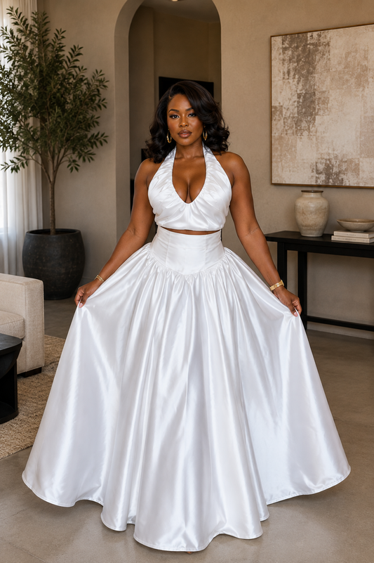 Satin Halter Cutout Waist Maxi Dress