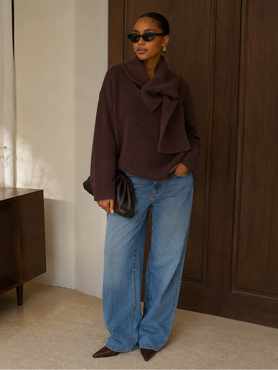 Knotted Cowl Neck Ribbed Knit Sweater