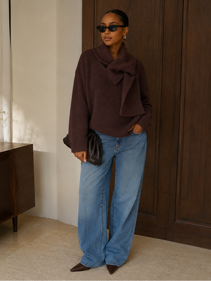 Knotted Cowl Neck Ribbed Knit Sweater