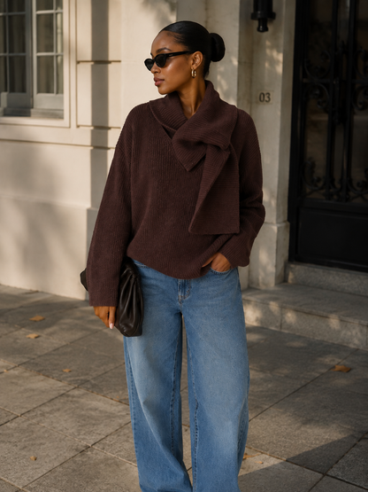 Knotted Cowl Neck Ribbed Knit Sweater