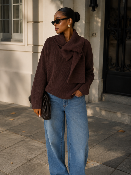 Knotted Cowl Neck Ribbed Knit Sweater