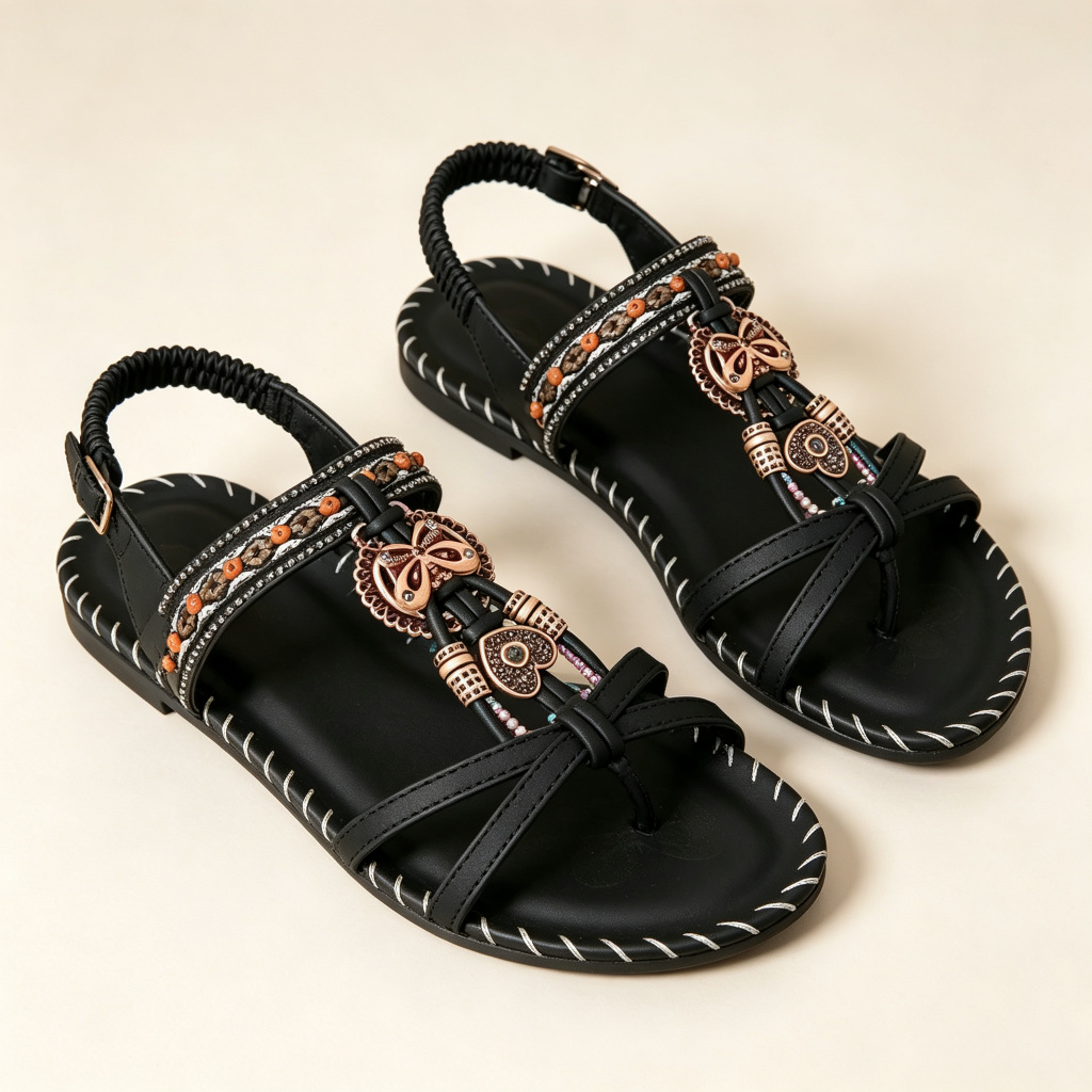Handmade wooden buckle bow rhinestone flat sandals
